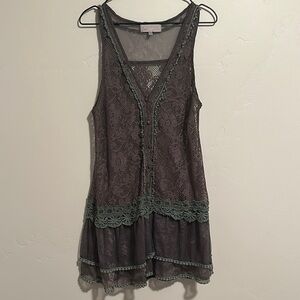 Pretty Angel Lace Overlay Sleeveless Dress in Charcoal with Sage Trim